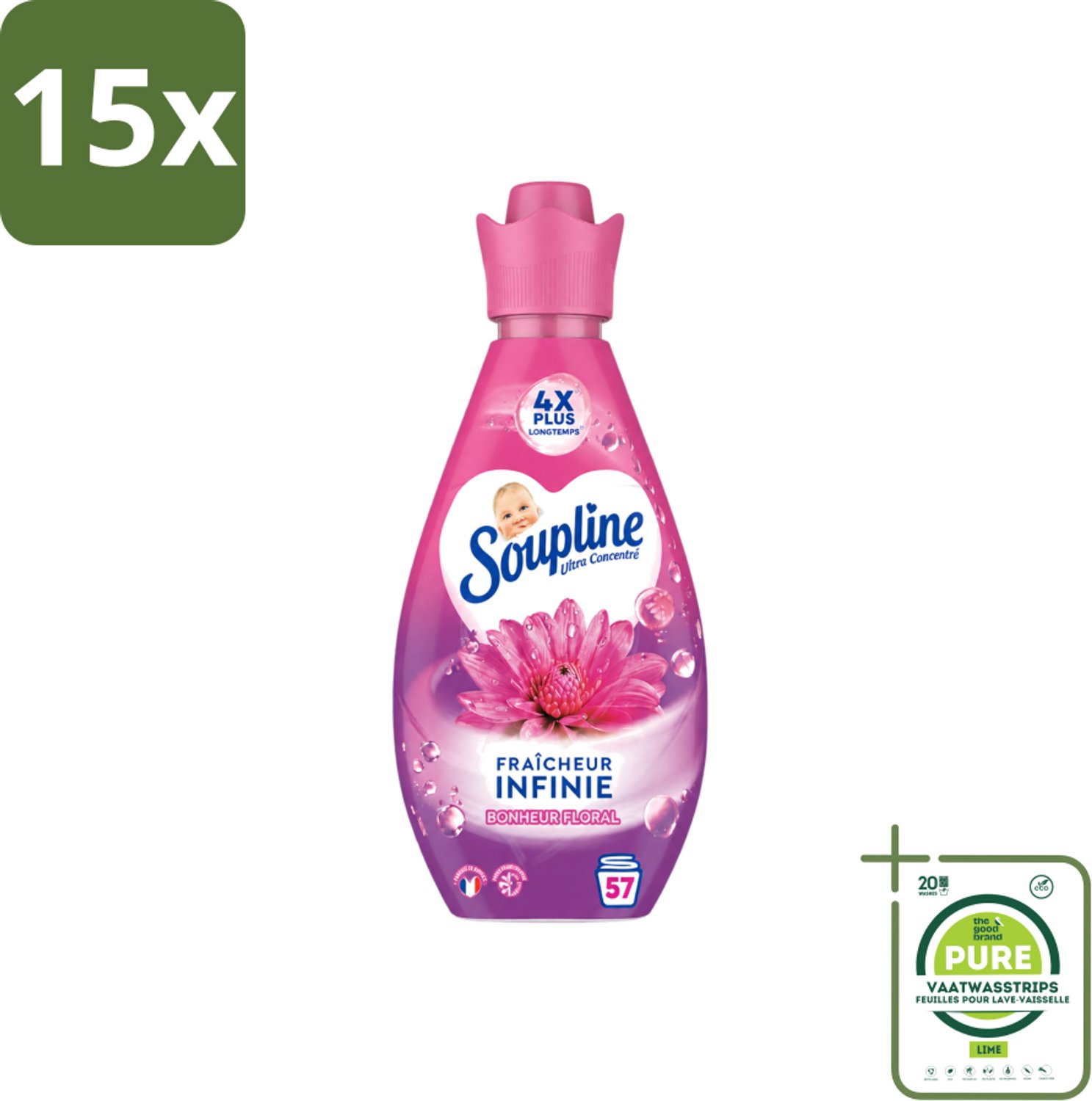 15 x Soupline – Wasverzachter – Infinite Freshness Floral Happiness – 800 ml - Grootverpakking - Vaatwasstrips - Wasverzachter - Frisheid - Geur - Zachtheid - Wasgoed