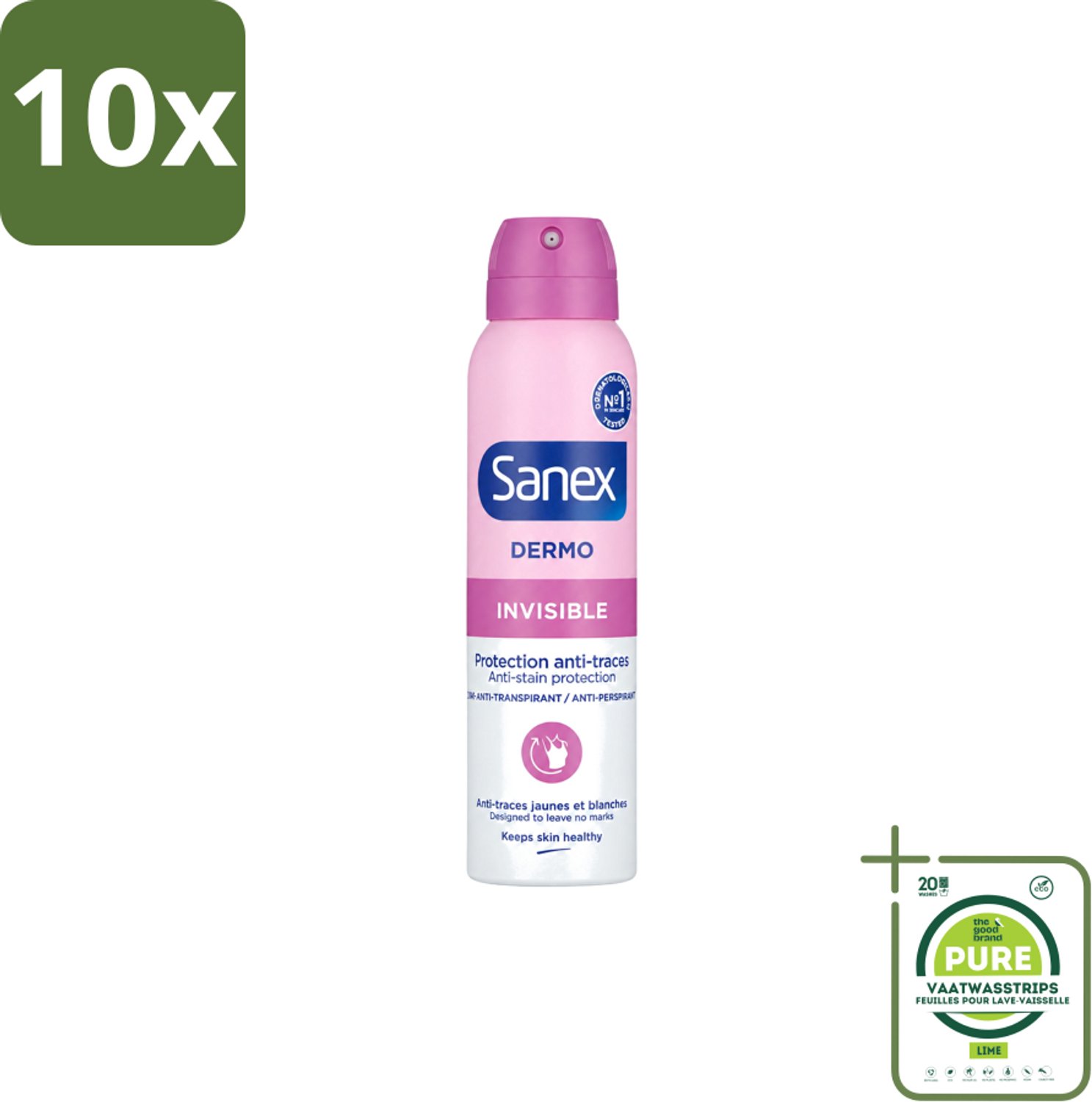 10 x Sanex – Deodorant Spray – Dermo Invisible – 150 ml - Grootverpakking - Vaatwasstrips - Onzezichtbare Deodorant - Deodorant Spray - Transpiratieregulatie - Huidbescherming - Strepenvoorkomend