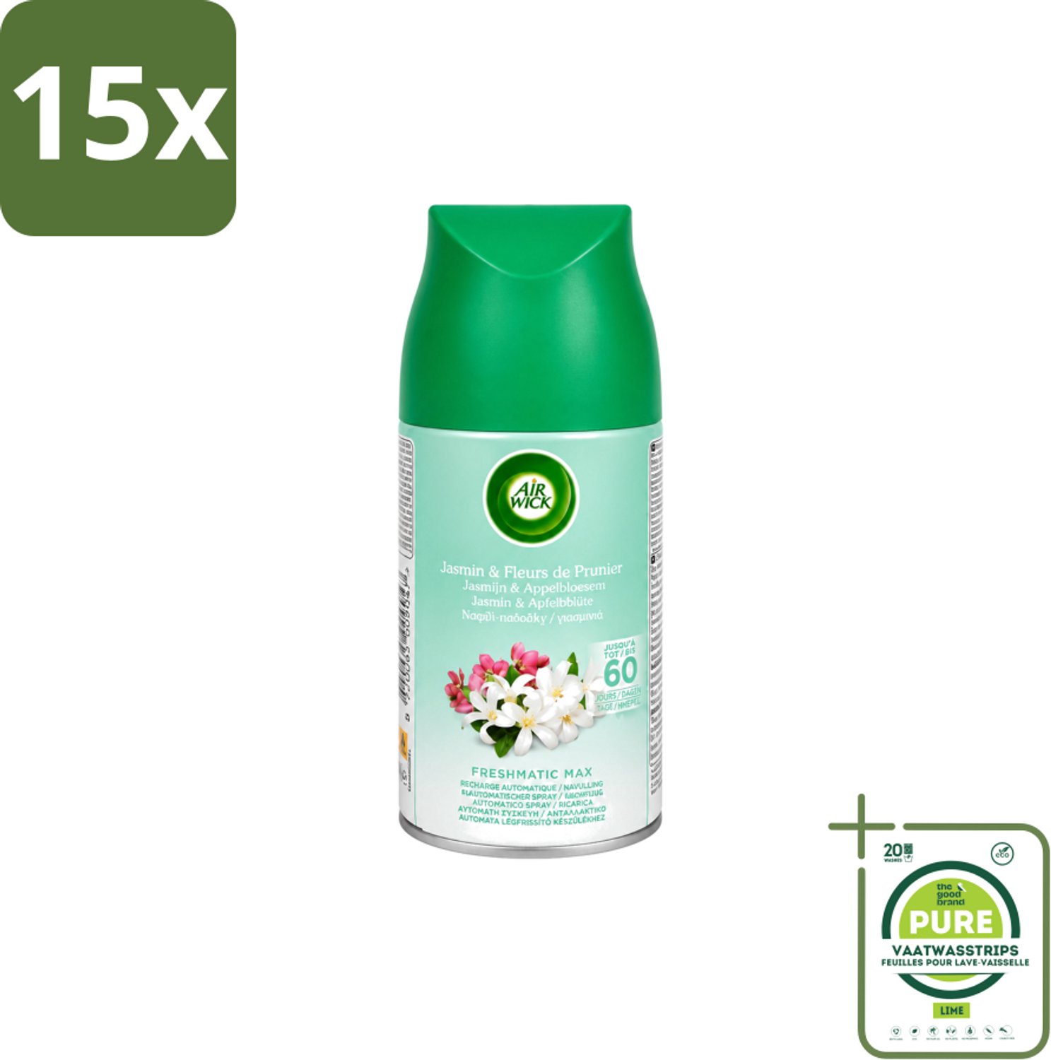 15 x Air Wick – Navulling – Freshmatic Jasmijn & Appelbloesem – 250 ml - Grootverpakking - Vaatwasstrips - Lentedauw - Geur - Geurverspreiding - Geurneutralisatie - Parfum