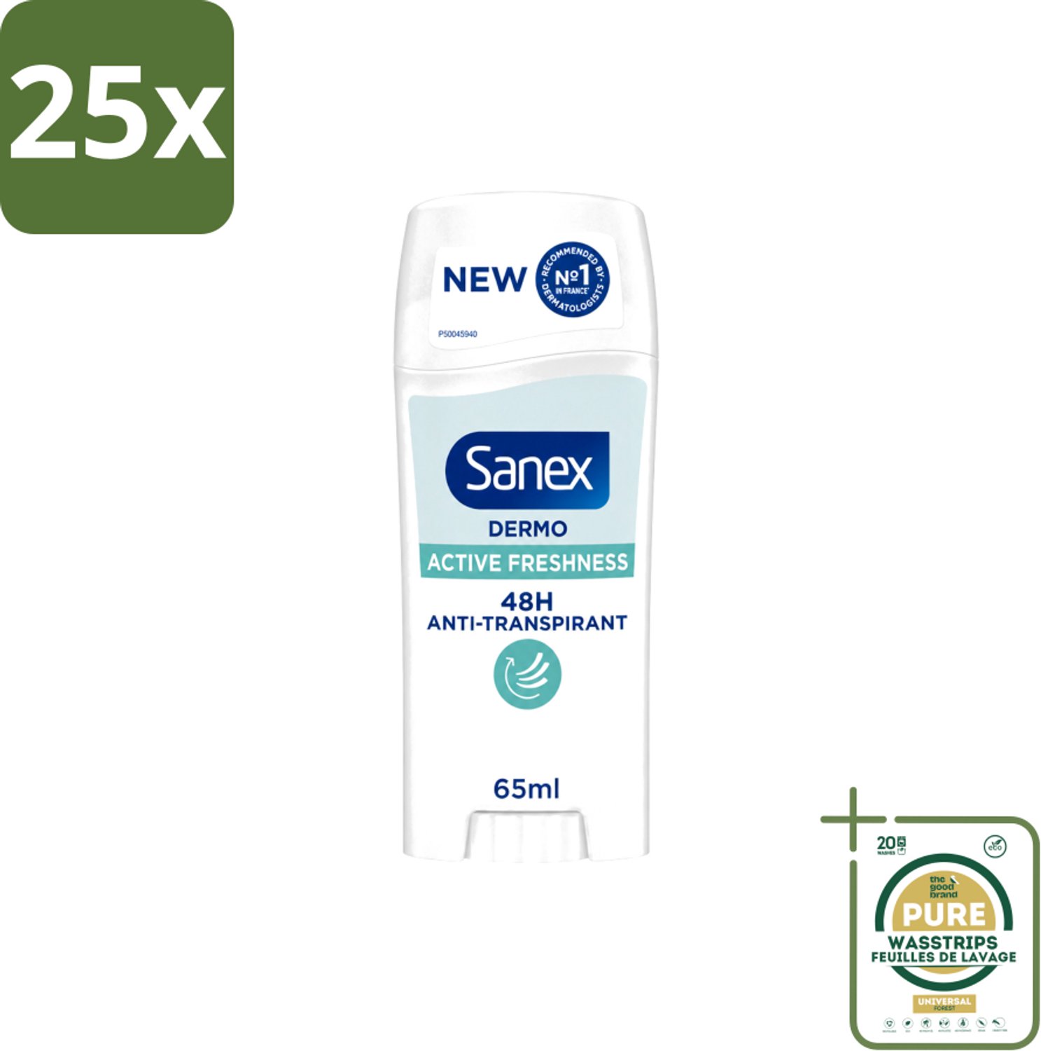 25 x Sanex – Deodorant Stick – Dermo Active Freshness – 65 ml - Wasstrips - Deodorantstick - Frisheid - Huidbescherming - Zachte Textuur - Langdurige Frisheid