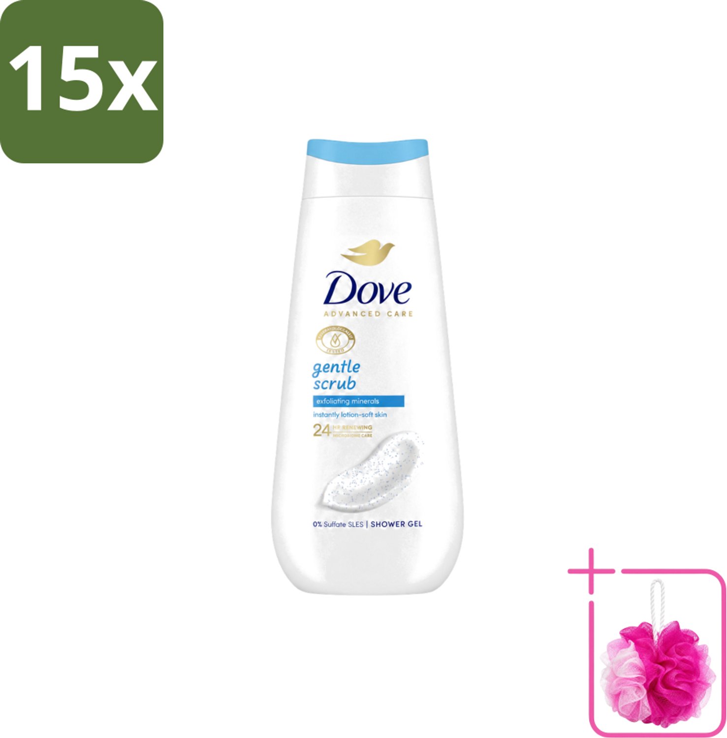 15 x Dove – Douchegel – Advanced Care Gentle Scrub – 225 ml - Bulkverpakking - Douchegel - Douchemop - Exfoliatie