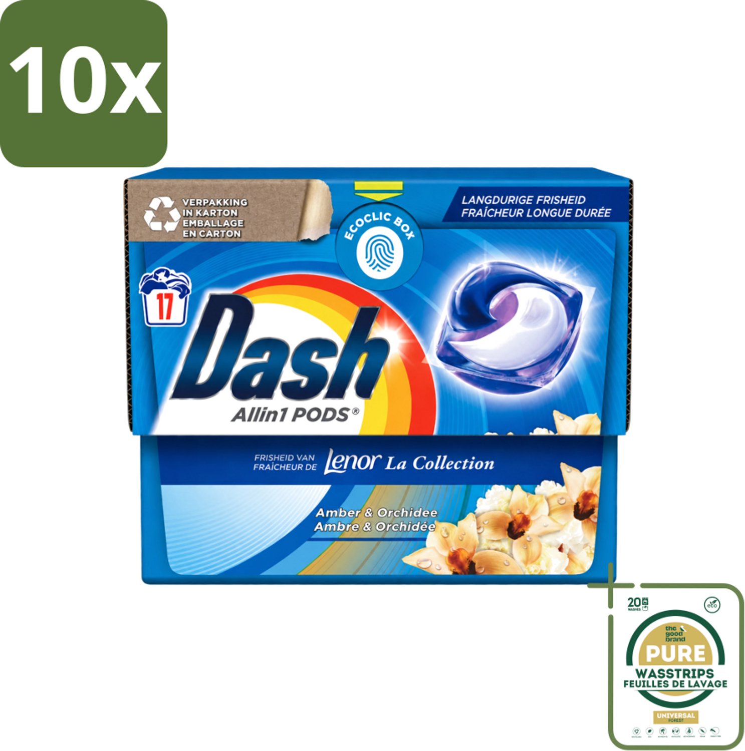 10 x Dash - Lenor Collectie - Wasmiddel Capsules - All-in-1 Pods - Witte en Gekleurde Was - Amber & Orchidee - 17 Wasbeurten - Wasstrips - Wasmiddel Capsules - Wasbeurt - Vlekverwijdering - Geur - Wasmachine