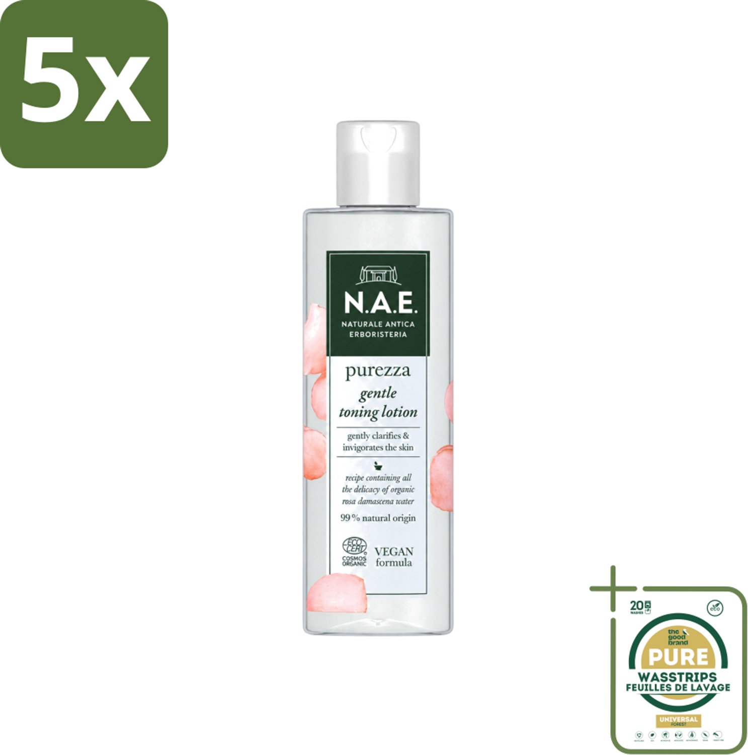 5 x N.A.E. - Toning Lotion - Zuiverend & Hydraterend - Biologisch & Vegan - 200ml - Wasstrips - Natuurlijke Huidverzorging - Biologische Toning - Rozenwater - Huidzuivering - Huidhydratatie