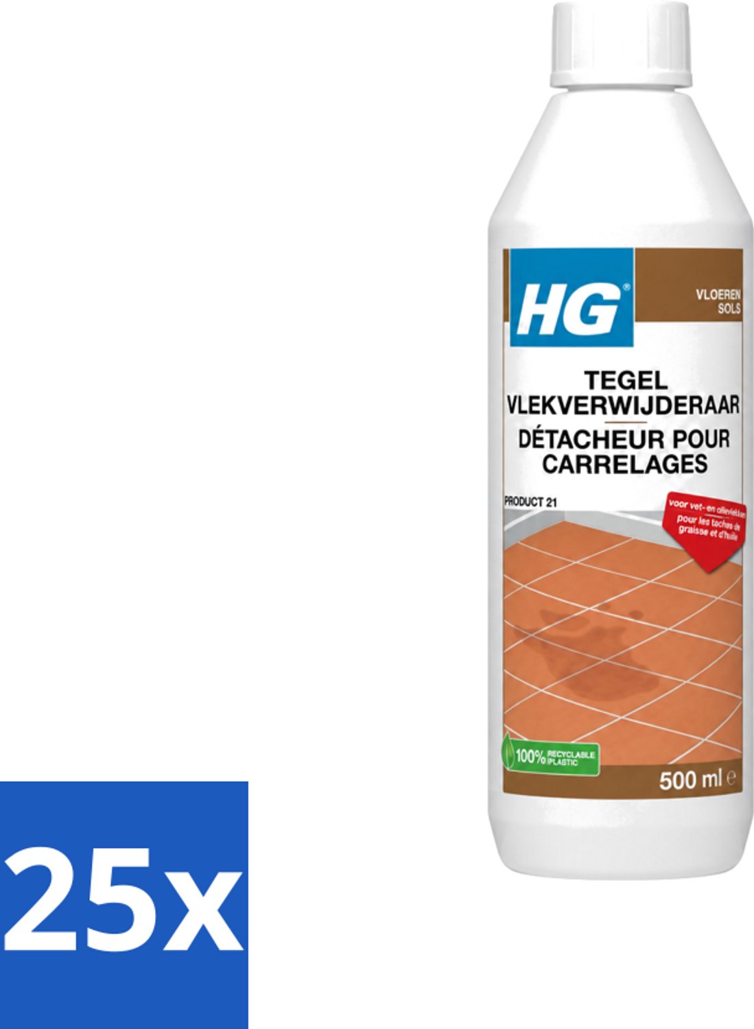 25 x HG - Vloeren - Tegel Vlekverwijderaar - Voor Vet & Olievlekken - 500 ml - Voordeelverpakking - 25 stuks
