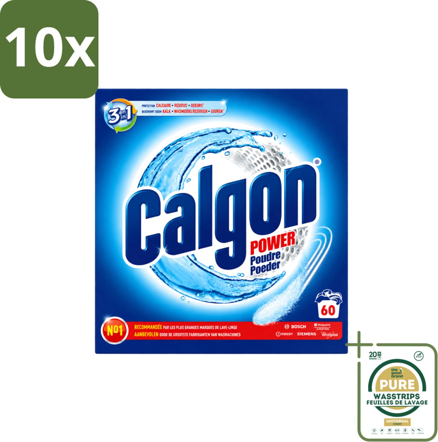 10 x Calgon – Wasmachinereiniger Poeder – 3-in-1 Power Anti-Kalk – 60 doseringen - Wasstrips - Wasmachine Reiniger - Anti-kalk Poeder - Kalkpreventie - Machine Geur Verwijderen - 3-in-1 Wasmachine Bescherming