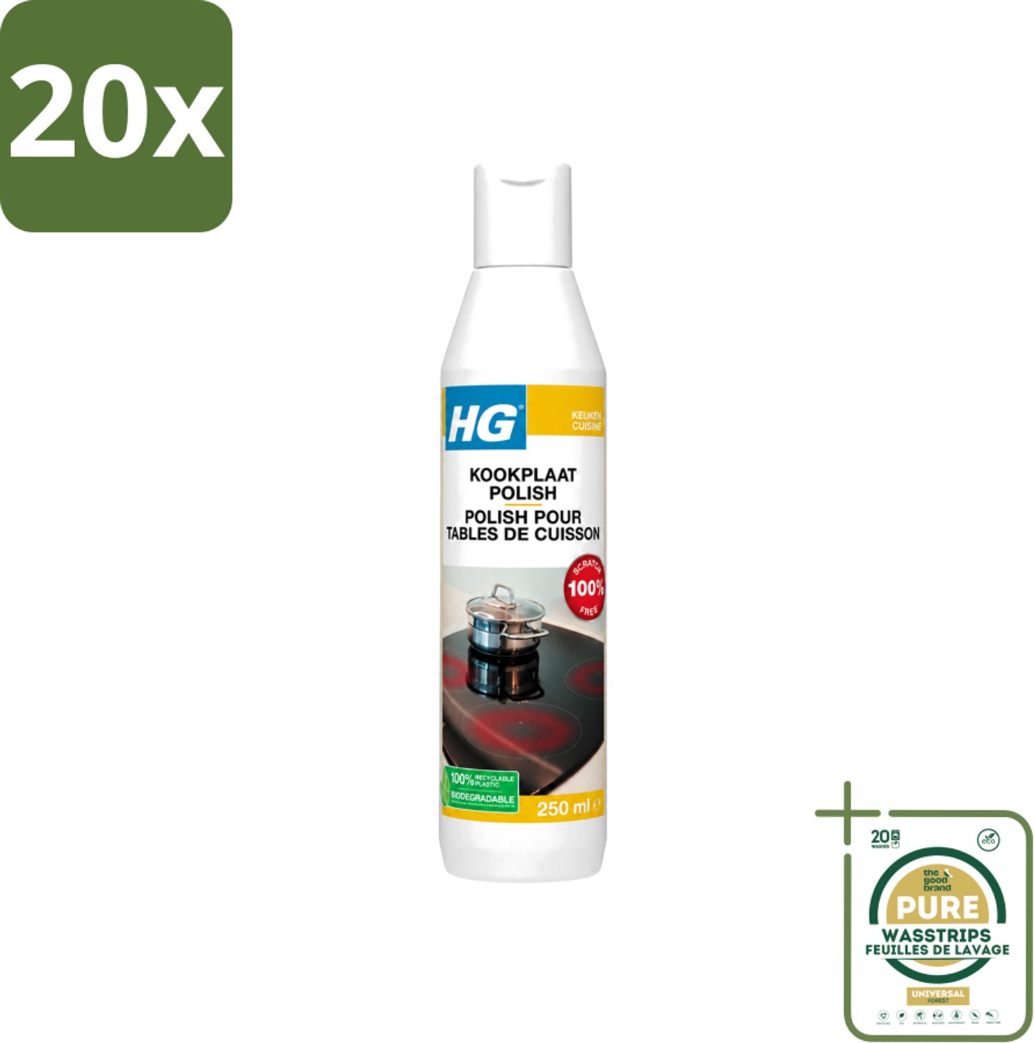20 x HG - Kookplaatreiniger Polish - Verwijdert Veilig & Effectief Vuil - Beschermende Glans - 250 ml - Wasstrips - Kookplaat Reinigen - Vet Verwijderen - Kalk Verwijderen - Kookranden Verwijderen - Inductieplaat Reinigen