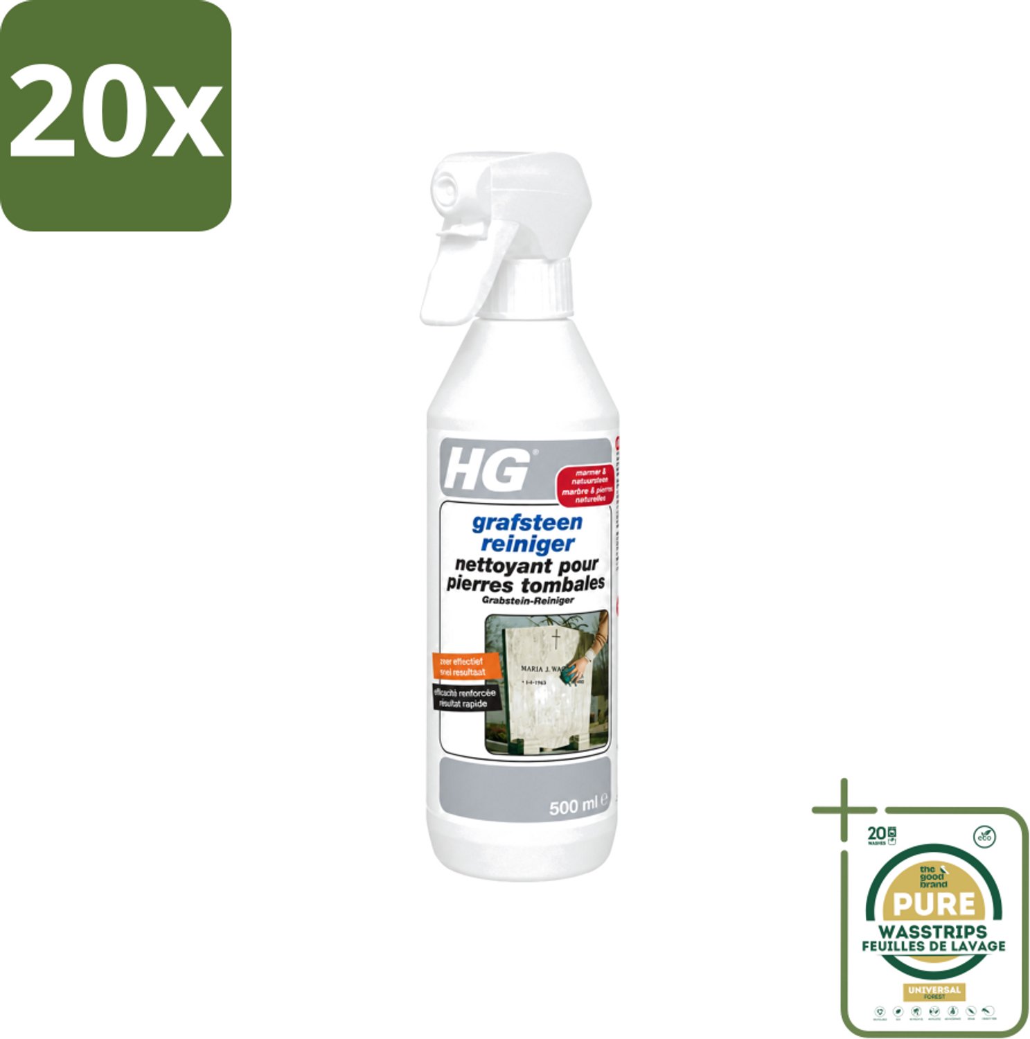 20 x HG - Grafsteenreiniger - Beschermt & Reinigt - 500 ml - Wasstrips - Grafsteen Reinigen - Natuursteen Reinigen - Grafsteen Onderhoud - Grafsteen Reiniger - Grafsteen Behandelen