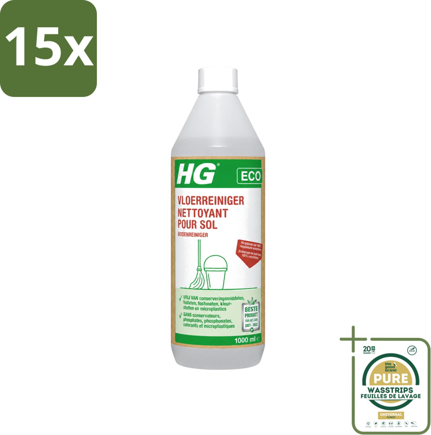 15 x HG - Eco Vloerreiniger - Milieuvriendelijke Reiniging - 1L - Wasstrips - Vloerreiniger - Milieuvriendelijke Reiniger - Hardvloer Reinigen - Schone Vloer - Streeploze Vloer