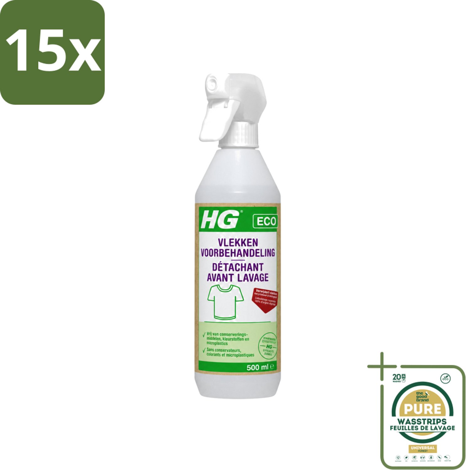 15 x HG ECO - Vlekken Voorbehandeling - Duurzame Vlekkenverwijderaar - 500 ml - Wasstrips - Vlekken Voorbehandeling - Eco Vlekken Behandeling - Milieuvriendelijke Vlekken Behandeling - Vlekken Op Kleding - Vlekken Op Tapijt