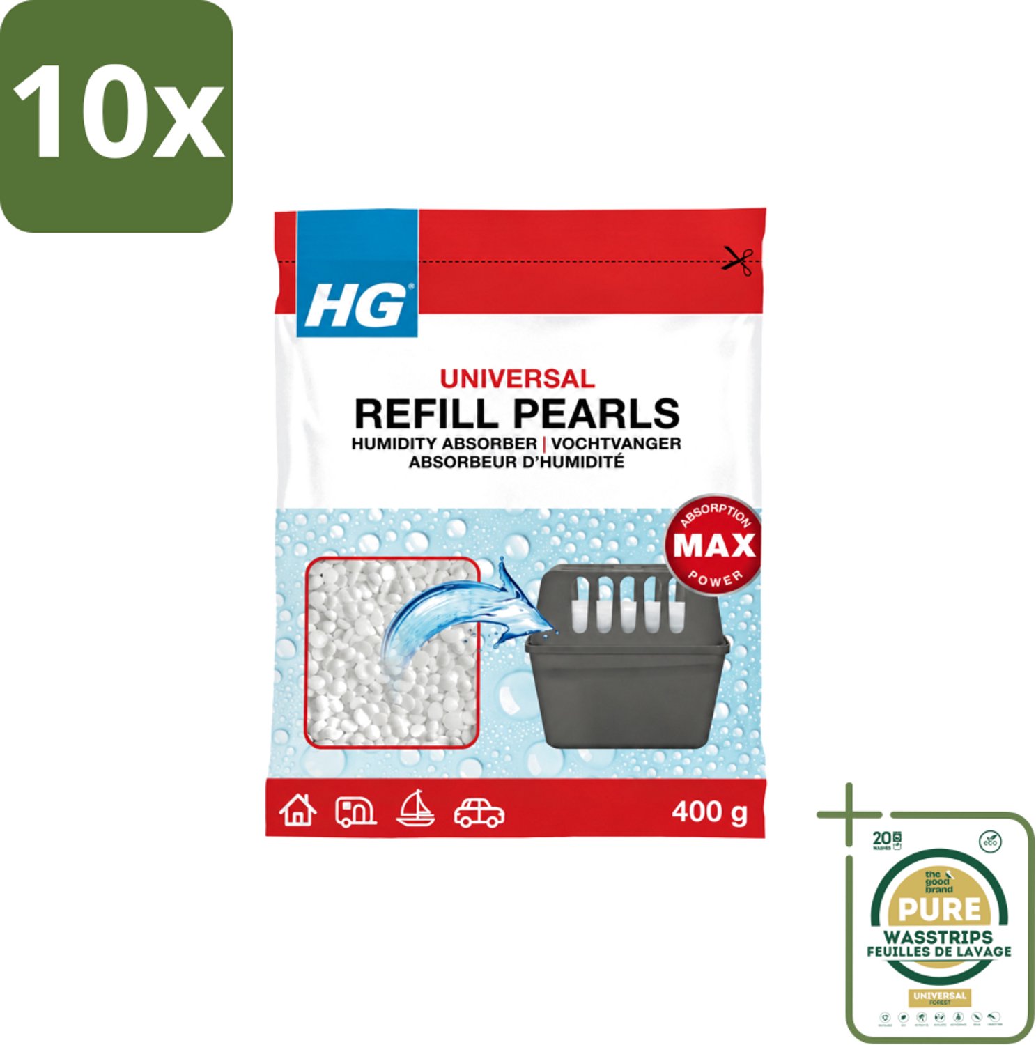 10 x HG - Refill Pearls voor Vochtvanger - Navulling - 400 g - Wasstrips - Vochtvanger Navulling - Vochtabsorberende Parels - Calciumchloride Parels - Vochtvanger Vullen - Vochtvanger Herbruiken