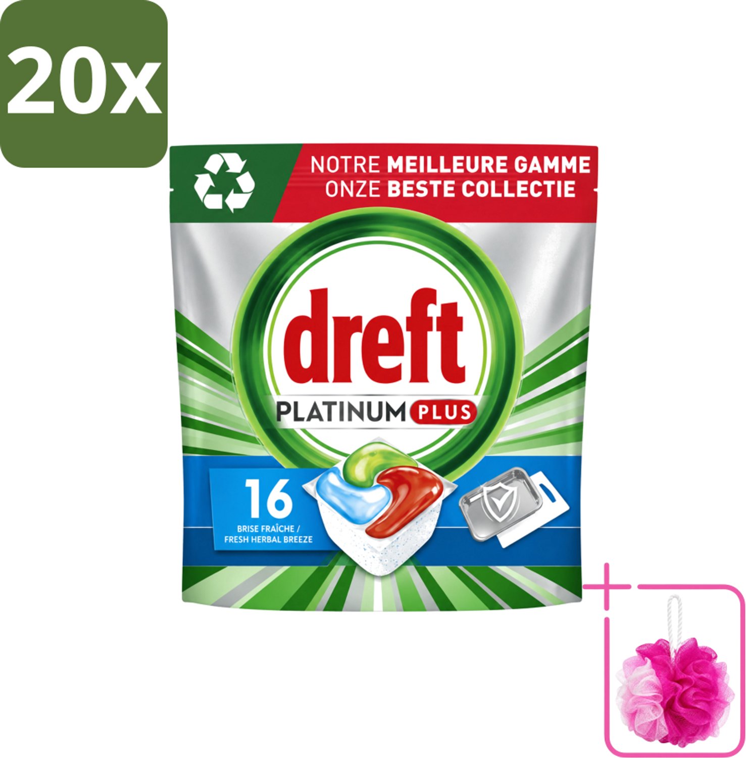 20 x Dreft Platinum Plus - All In One - Vaatwascapsules - Fresh Herbal Breeze - 16 Afwasbeurten - Bulkverpakking - Vaatwassen - Douchemop - Vaatwassen capsule