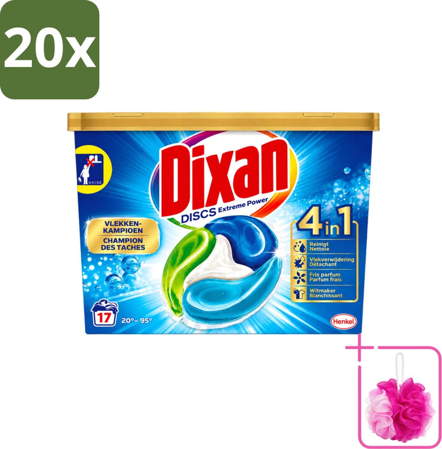20 x Dixan Discs - Wasmiddelcapsules en Vlekverwijderaar - Extreme Power - Witte, Gekleurde & Zwarte Was - 17 Wasbeurten - Bulkverpakking - Wasmiddelcapsules - Douchemop - Vlekverwijderaar