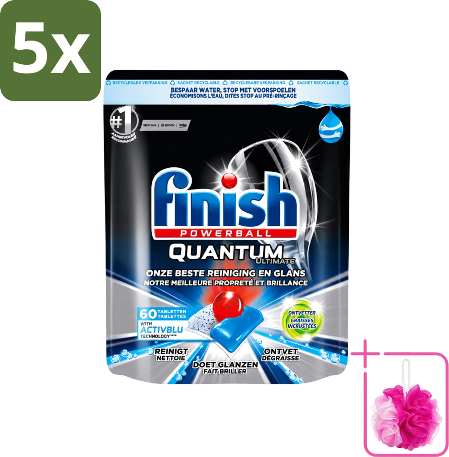 5 x Finish Powerball - Quantum Ultimate - Vaatwastabletten - Ontvetter - 60 Tabletten - Bulkverpakking - Vaatwasmiddel - Douchemop - Vaatwastablet