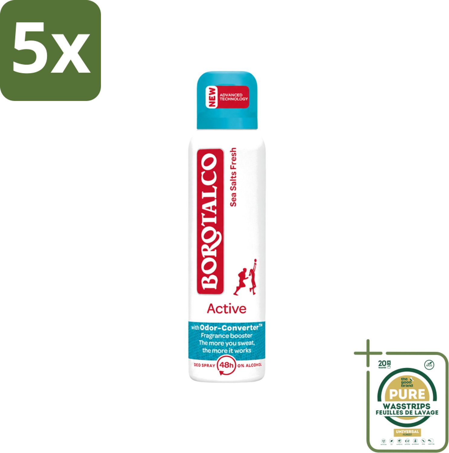 5 x Borotalco - Deodorant Spray - Active - Sea Salts Fresh - 0% Alcohol - 150 ml - Wasstrips - Zweetgeur Bestrijding - Zeezout Geur - Deodorant Spray - Frisse Geur - Gevoelige Huid