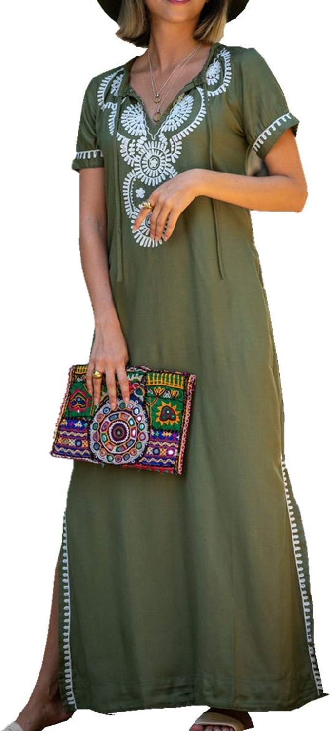 Katoenen kaftan voor dames, loungewear, boho homewear, oversized kimono, maxi-strandjurk, bedekkende gewaden, B Navy Borduurwerk, one size