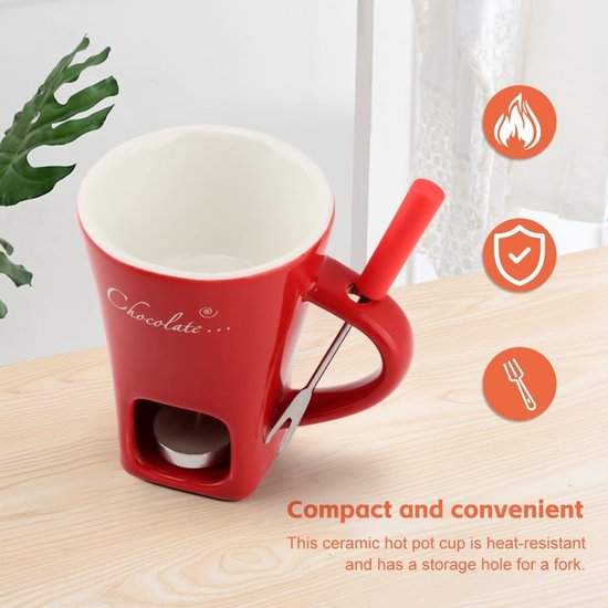 Chocolade Fondue Set - Keramische Chocolade Fondue Mok - Perfect Smelten & Warmhouden - Mini Chocoladefondue met Vorkjes - Inclusief Vork - Compact 130ml - Voor Dessert Fruit Kaas - Mini Fondue Beker Chocoladepot - Rode — cadeau in Kookcadeaus - foto 5
