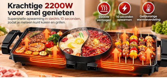HAVOONA Elektrische Grill & Hotpot 2-in-1 – 2200W – Dubbele Hotpot & Grillplaat – 5 Warmtestanden – Onafhankelijke Temperatuurregeling — afbeelding 4