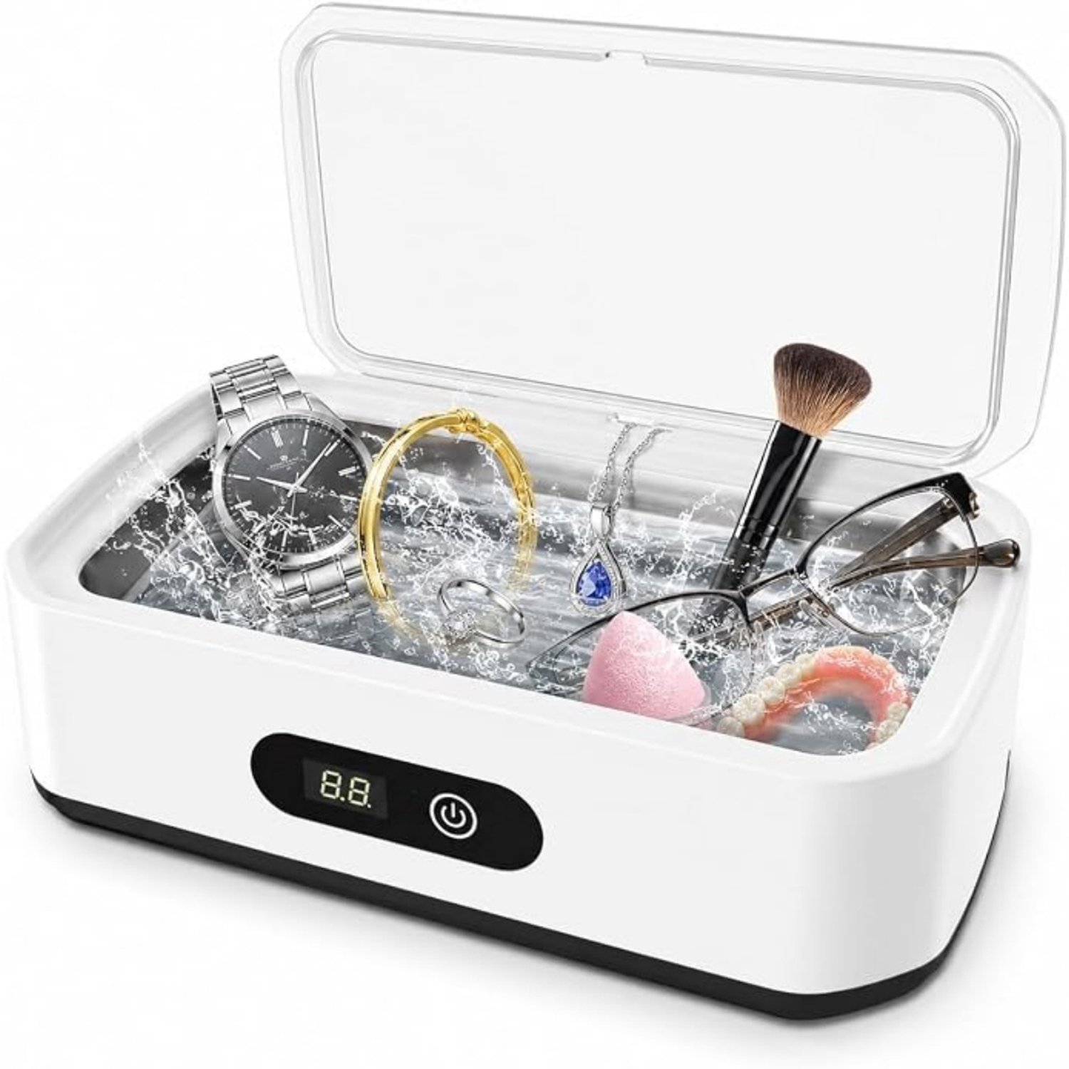 SSTRWGOOD Ultrasoonreiniger - 49 kHz - 650 ml - Ultrasone brilreiniger -Brillenreinigingsapparaat - 360°-dieptereiniging geschikt voor brillen, sieraden en kunstgebitten - Bediening met één druk op de knop - EU-standaard - Wit
