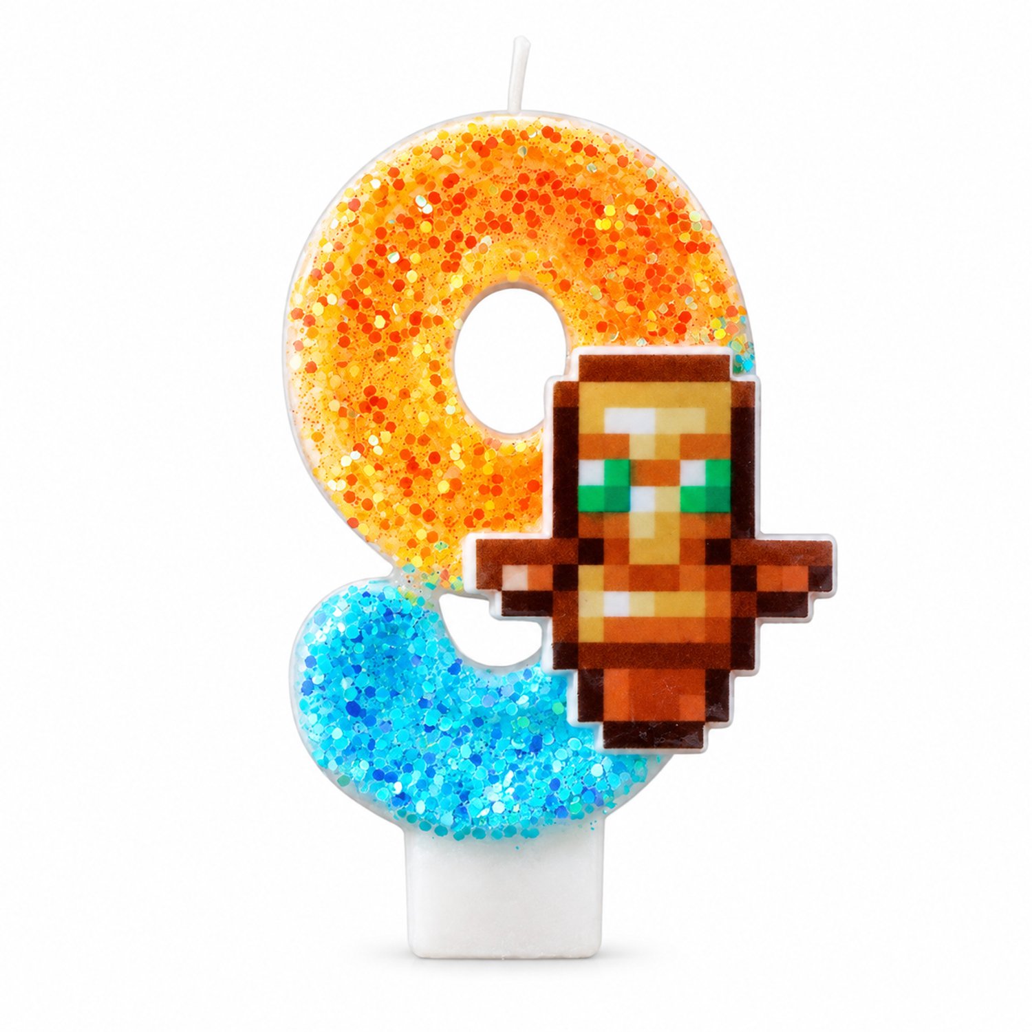 Verjaardagskaars cijfer 9 van paraffine met oranje-blauwe glitterdecoratie en pixelmotief voor taartdecoratie