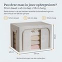Beige opbergbox met afmetingen van 50 cm breed, 40 cm diep en 33 cm hoog, met een inhoud van 66 liter.