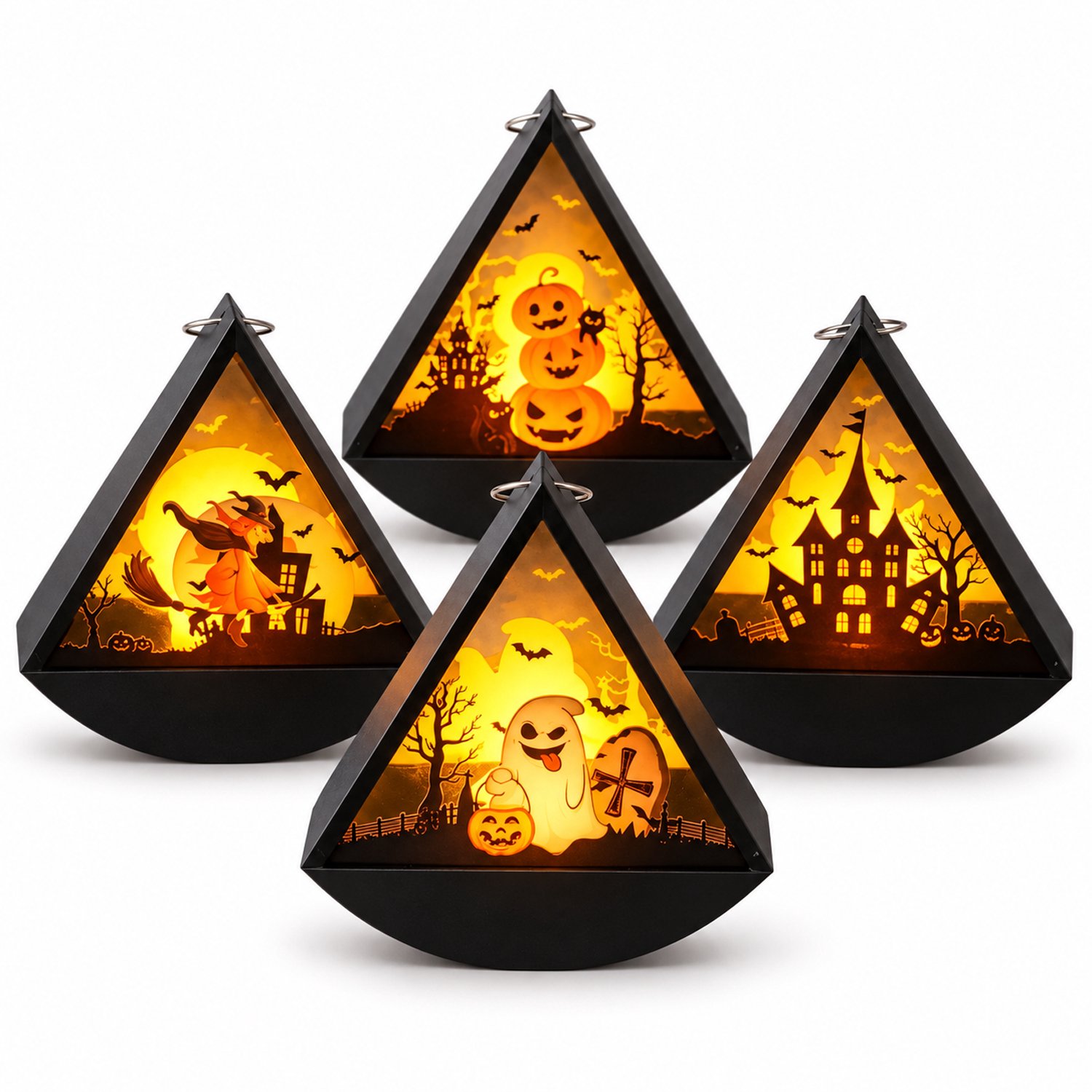 Halloween Lantaarns - Set van 4 Stuks - Minidriehoeken met Spook, Pompoen, Kasteel, Vleermuis, Heks, Boom en Kaars - voor Binnen-, Buiten- en Tafeldecoratie - 12 x 6 x 13 cm