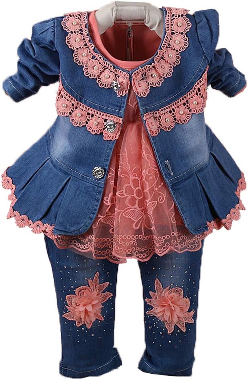 3-delige set met shirt, bestichte spijkerjas en bestikte jeans voor meisjes, 6 maanden - 5 jaar
