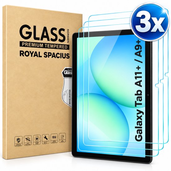 Verpakking met 3 Royal Spacius gehard glazen screenprotectors voor de Galaxy Tab A11/A9 Plus.