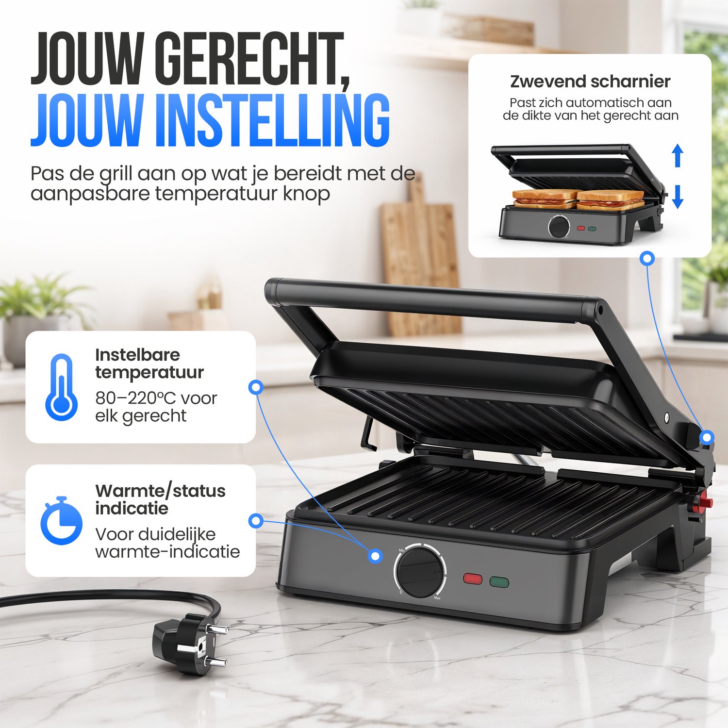 Strex Tosti Apparaat XL Zwart - Met Temperatuurregeling - Contactgrill Groot / Tosti Ijzer / Broodrooster / Grill Apparaat / Panini Grill / Toaster - 2200W thumbnail 6