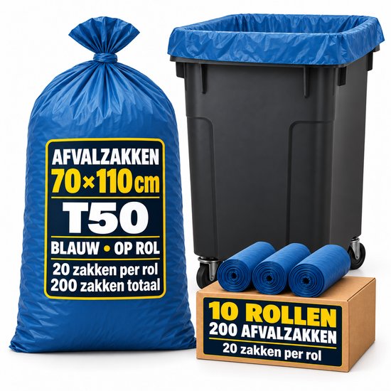 Set van 10 rollen (200 zakken) blauwe T50 afvalzakken, 70x110 cm, naast een volle vuilnisbak.