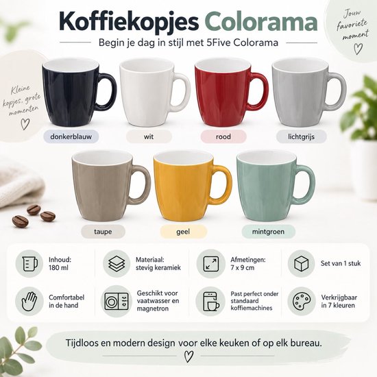Overzicht van zeven 5Five Colorama koffiekoppen in verschillende kleuren met productinformatie in het Nederlands.