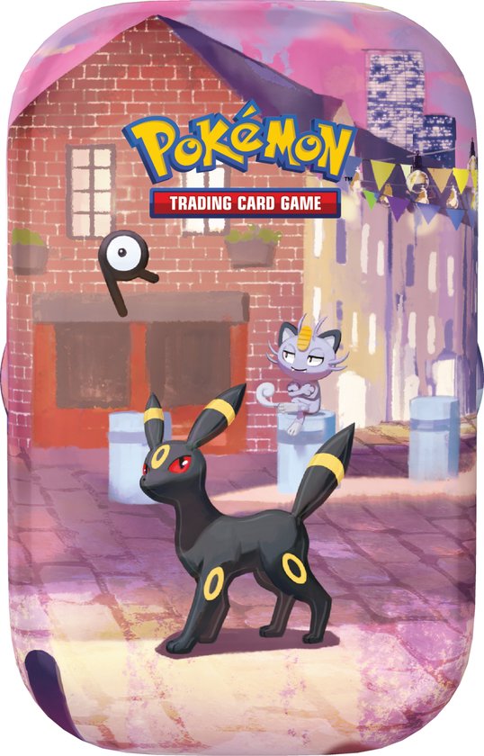 Pokémon TCG mini-tin met Umbreon, Meowth en Unown op een stadsgezicht.