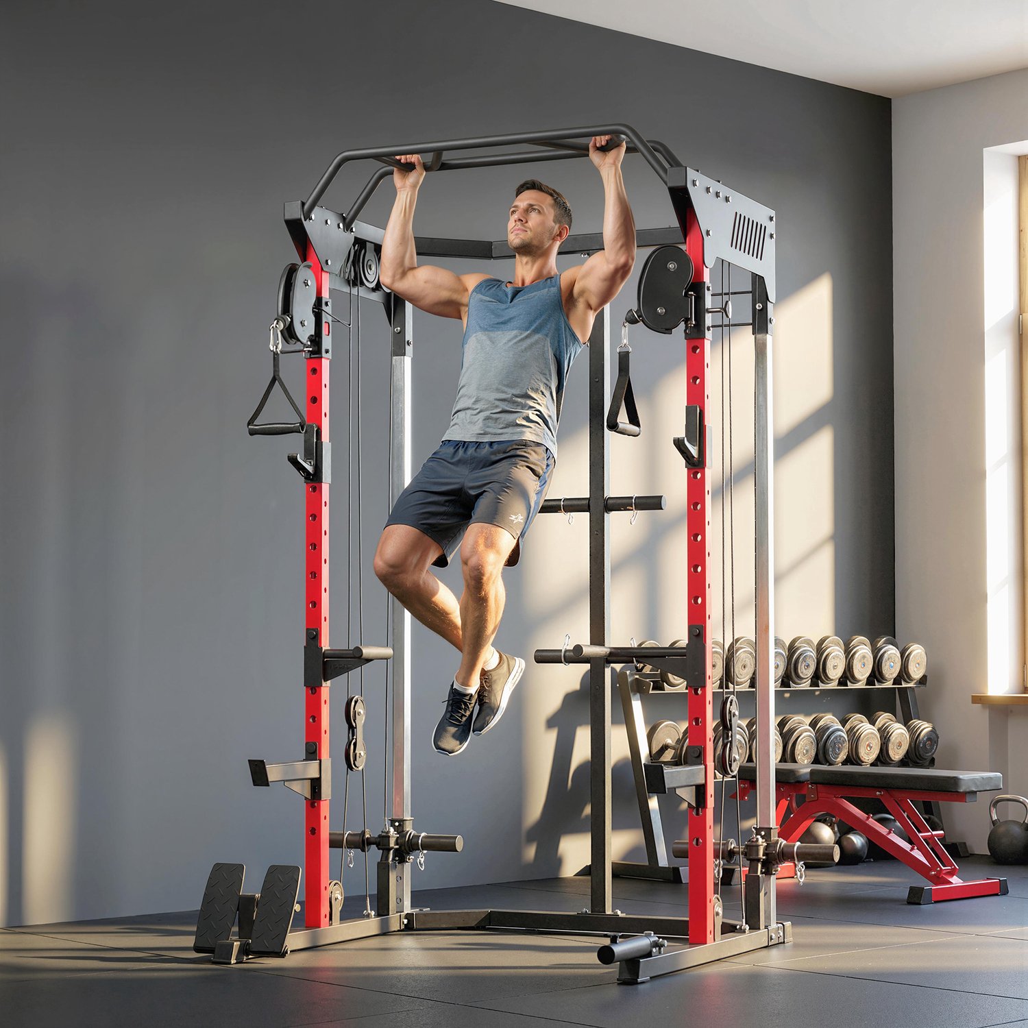 Sporton Krachtstation met Power Rack en dubbel kabelzugsysteem - In hoogte verstelbaar - 168 x 128 x 215 cm - Zwart thumbnail 3