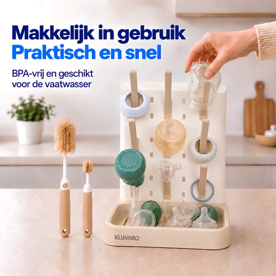 Kluvaro Flessen droogrek - Droogrek voor Babyflessen en Flesvoeding Accessoires - 2 Flessenborstels - Afdruiprek - Beige — afbeelding 4