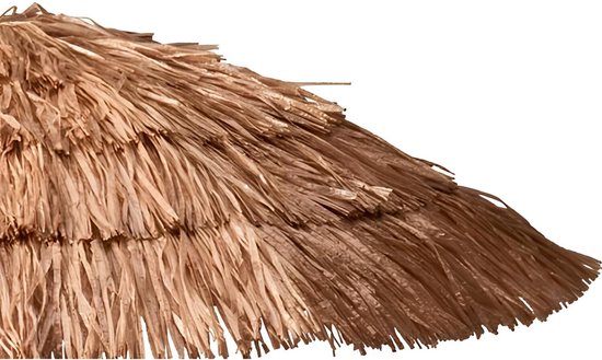 Detailopname van de beige raffia parasolbedekking met natuurlijke stro-look.