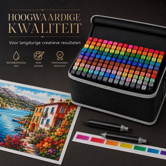 Set van 168 markers in een tas met een gekleurde tekening. Tekst: Hoogwaardige kwaliteit, waterbestendige inkt, rijke kleuren.