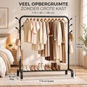 Zwart metalen kledingrek van 110x40x146 cm met schoenenrek en zijhaken voor accessoires.