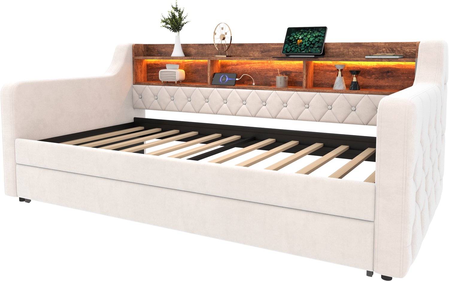 MUVANO Slaapbank 90 x 190 cm - Beige fluwelen slaapbank - Uitschuifbaar bed met opbergruimte - USB-C en ledverlichting - 201 x 107-197 x 75 cm - Woonkamer