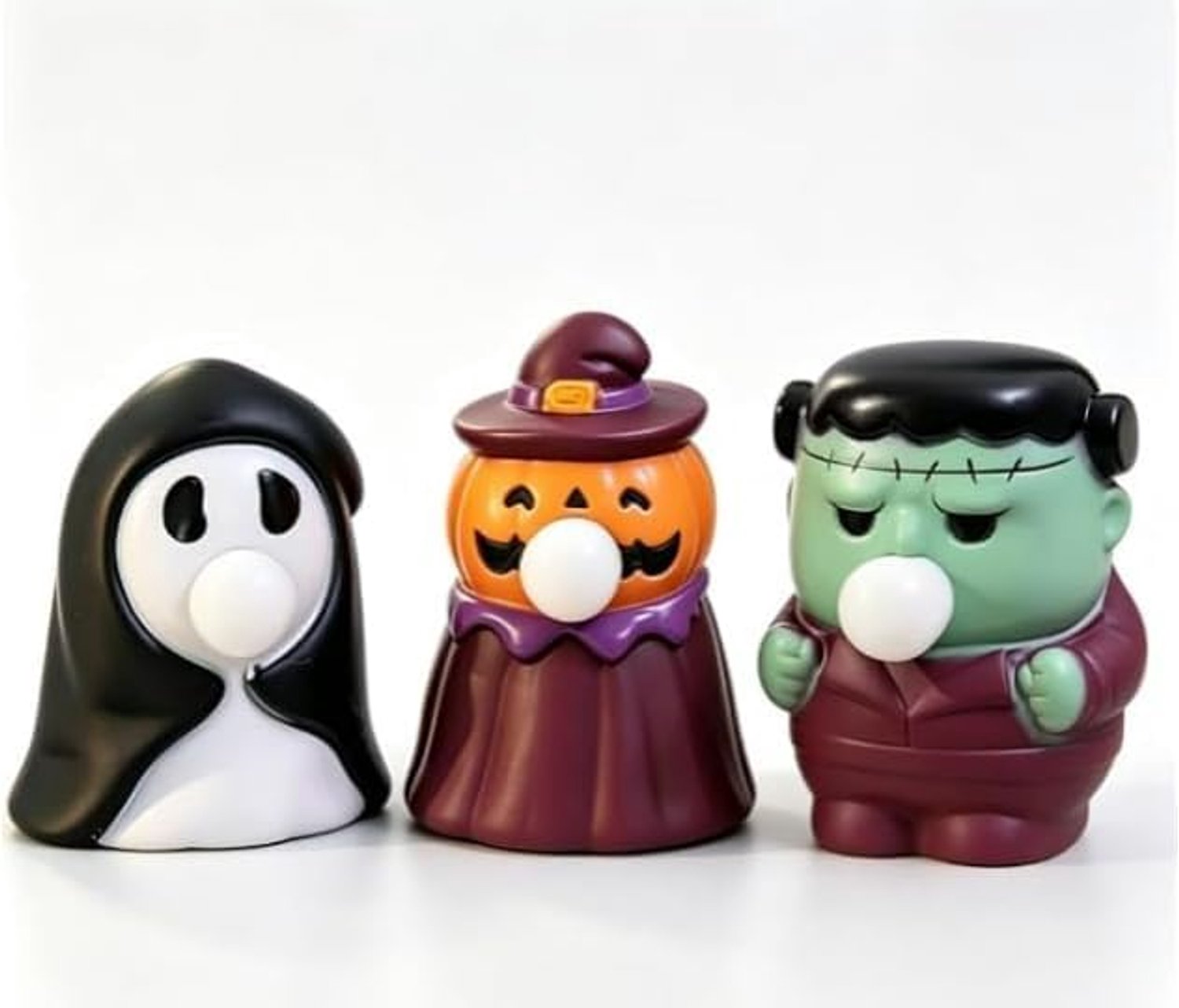Set van 3 kerst-knijpfiguurtjes – knijpfiguren die een bel blazen (geest, heks/pompoen, Frankenstein) – zachte TPR-gadgets – decoratie voor bureau, vensterbank of tafel tijdens Halloweenfeesten