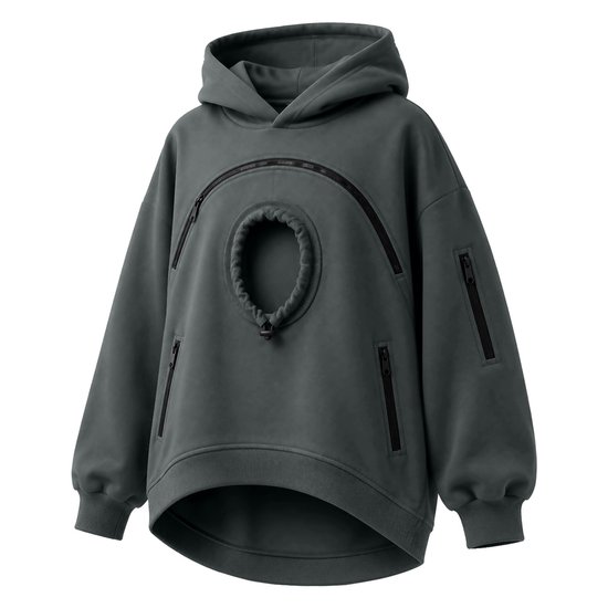 Grijze hoodie met capuchon, zwarte ritsen, elastische boorden en een verstelbare opening voor huisdieren op de borst.