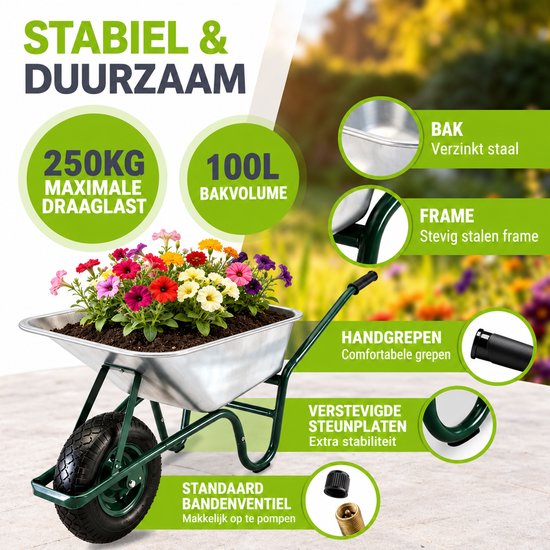 Kruiwagen gevuld met bloemen, 100L inhoud, 250kg draagkracht, verzinkt stalen bak en stevig frame.