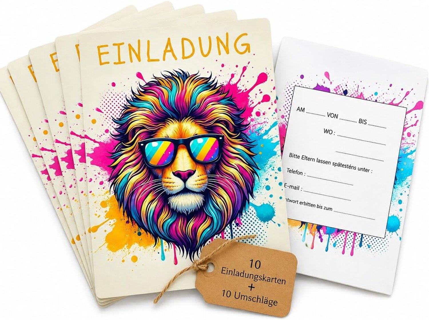 10 Verjaardagsuitnodigingen Leeuwen, Postkaarten 10,4 x 14,8 cm