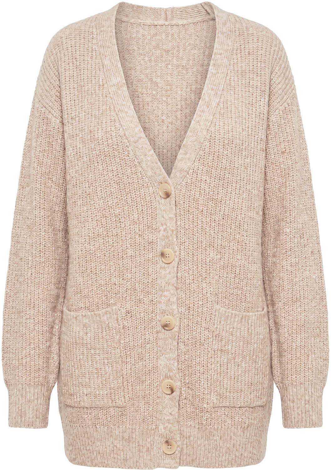 Ulla Popken - Dames - Cardigan ribbreisel V-hals lange mouwen - Beige gemêleerd - Maat 50+