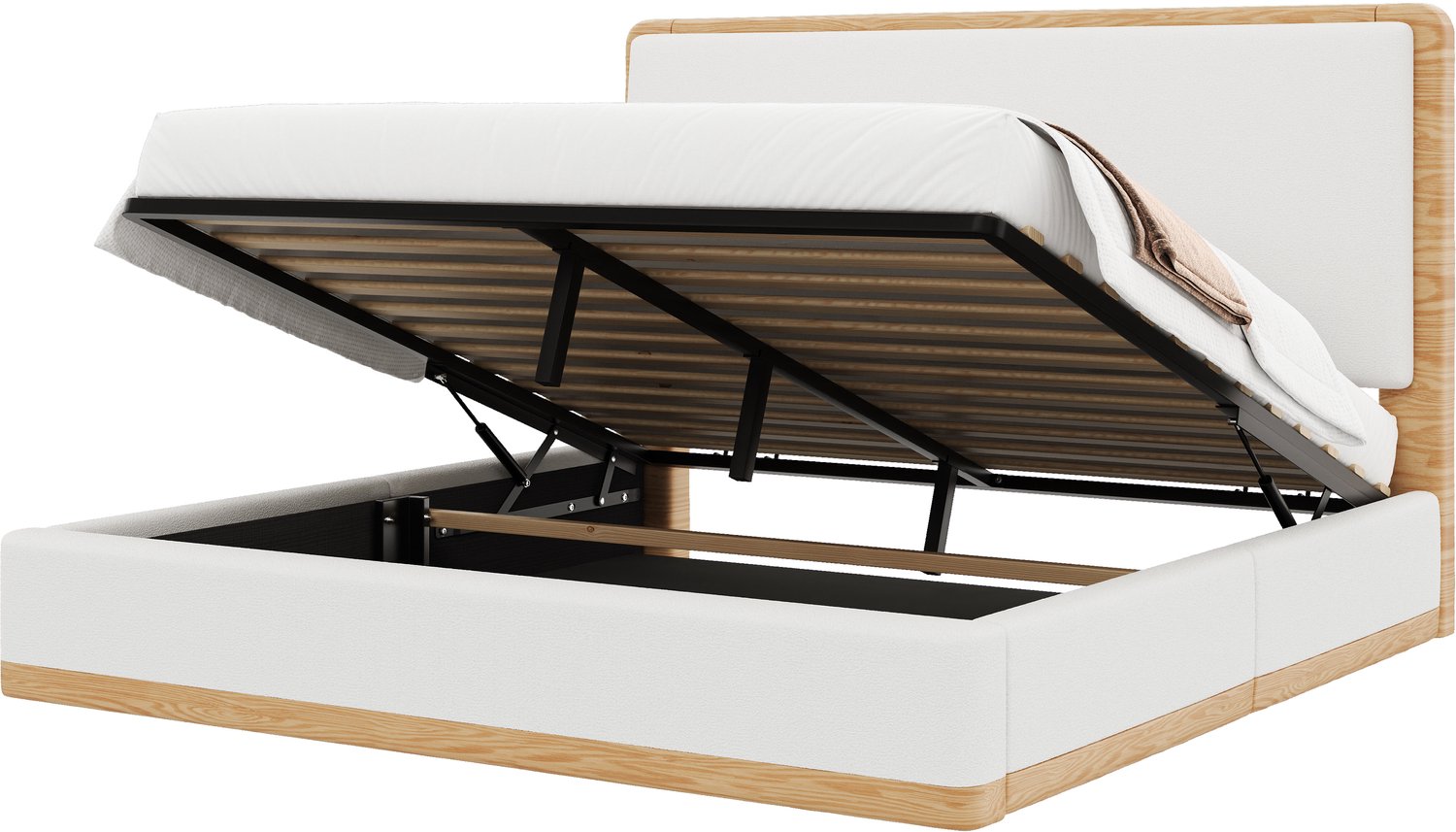 Merax Gestoffeerd hydraulisch bed met opbergruimte 140x200 cm - wit/natuurhout