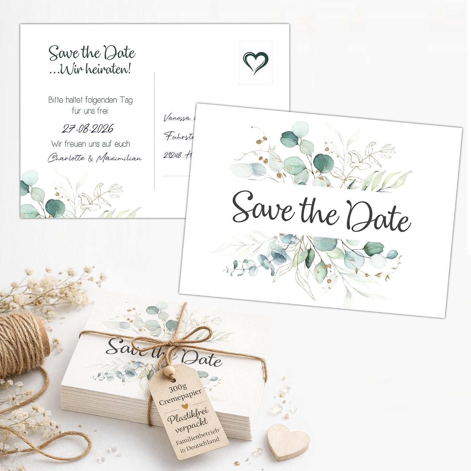 40 Save the Date kaarten voor bruiloft | 300g crème papier | Luxe druk | Duitser productie | Plasticvrij verpakt