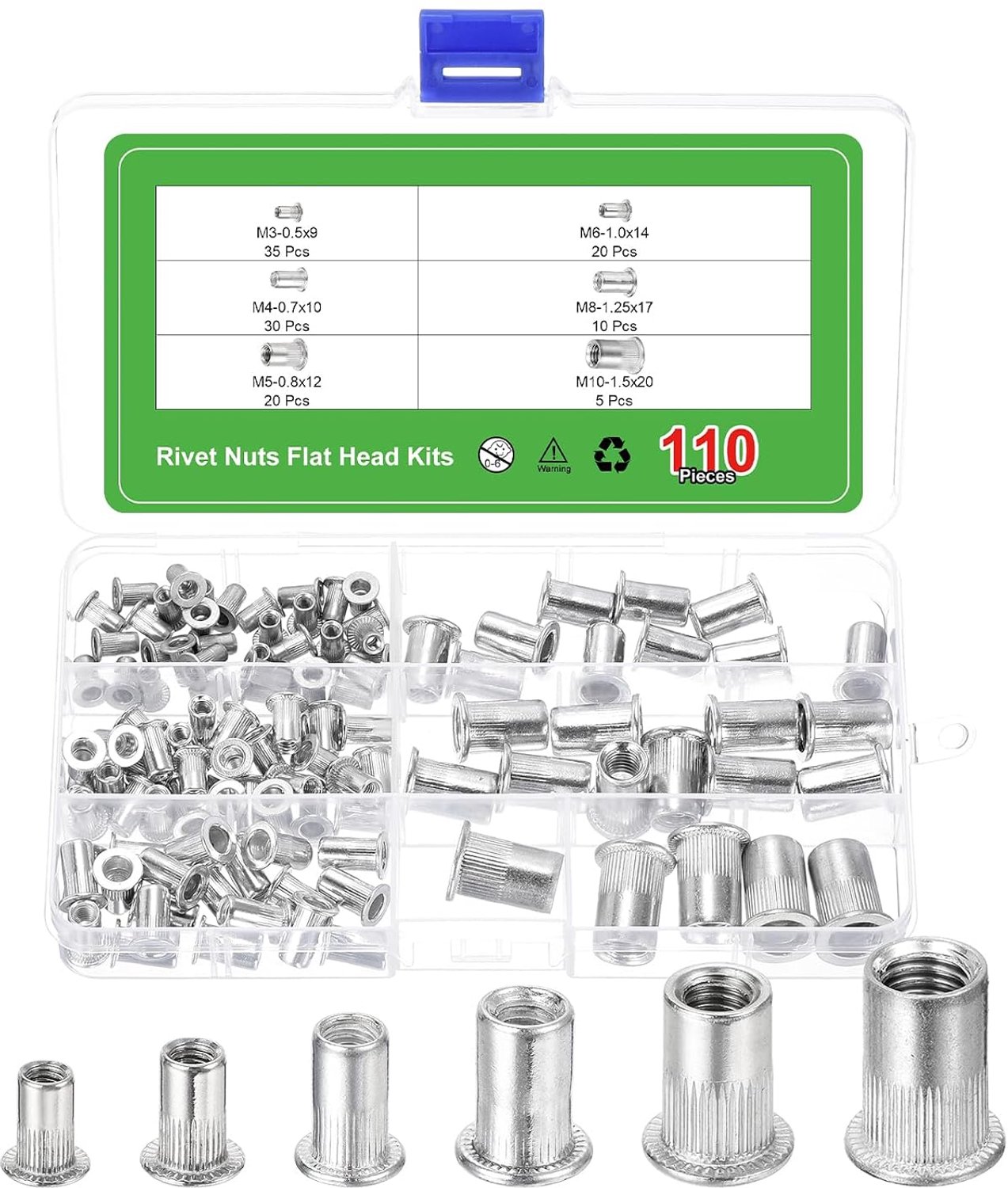 Klinkmoeren 110 stuks - M3, M4, M5, M6, M8, M10 - aluminiumlegering - ideaal voor bevestigingen - ServiceTopper