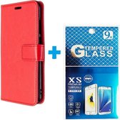 Portemonnee BookCase Hoesje + 2 Pack Screenprotector Glas Geschikt voor: Samsung Galaxy M12 - rood