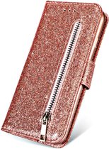 Oppo A73 Glitter Bookcase met rits - hoesje - portemonneehoesje - RosÃ© Goud
