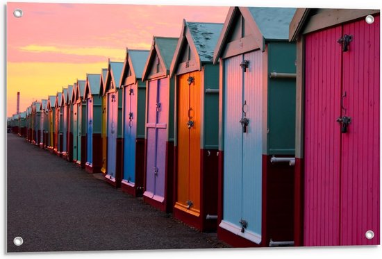 Tuinposter – Gekleurde Strandhuisjes - 90x60cm Foto op Tuinposter  (wanddecoratie voor buiten en binnen)