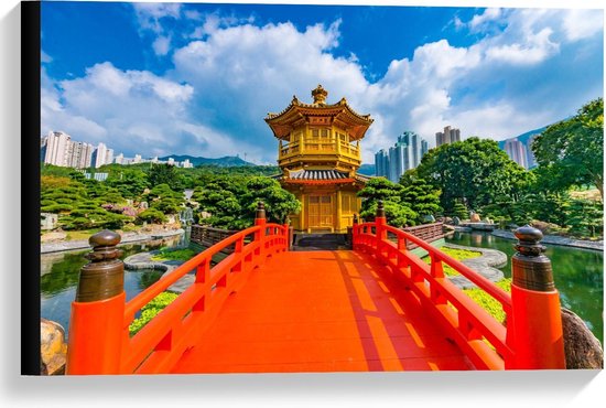 Canvas  - Oranje Brug naar Gouden Pagode in Nan lian tuin, Hong Kong - 60x40cm Foto op Canvas Schilderij (Wanddecoratie op Canvas)