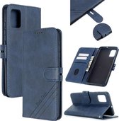 Voor Samsung Galaxy A31 Stiksels Stijl 2-Kleur Koe Textuur Horizontale Flip PU Lederen Case met Houder & Kaartsleuf & Lanyard (Blauw)